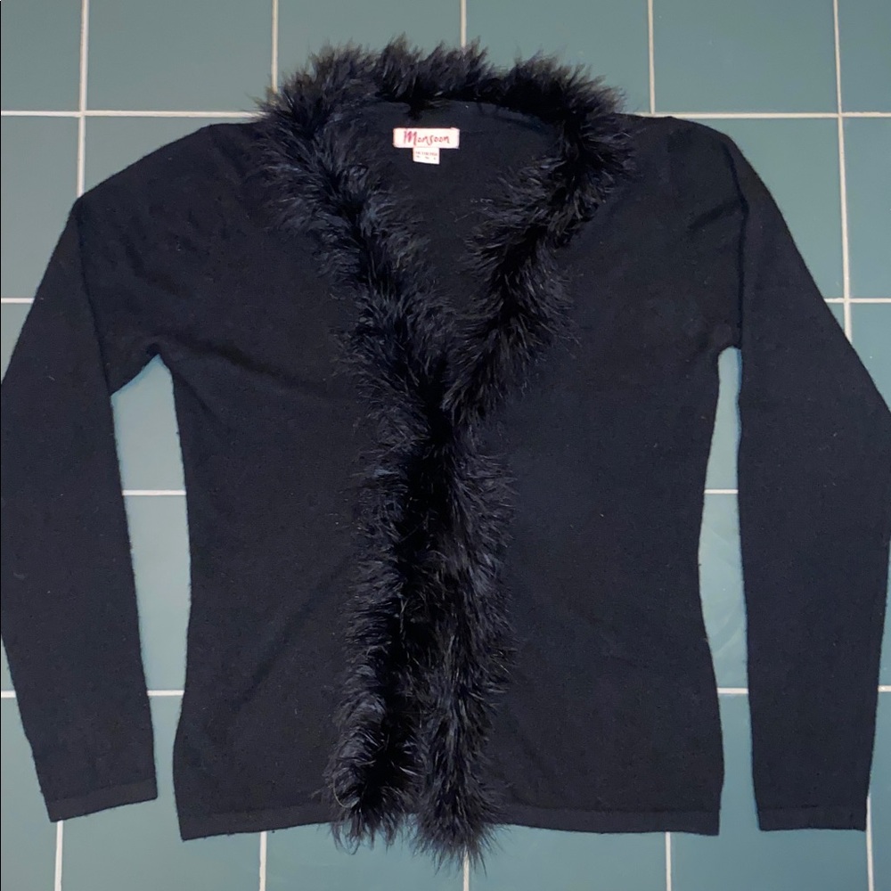 Y2K Black Cardigan with Fluffy Trim